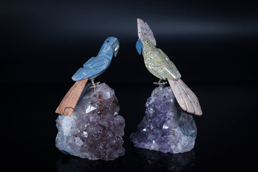 Carved Gemstone Parrot on Amethyst